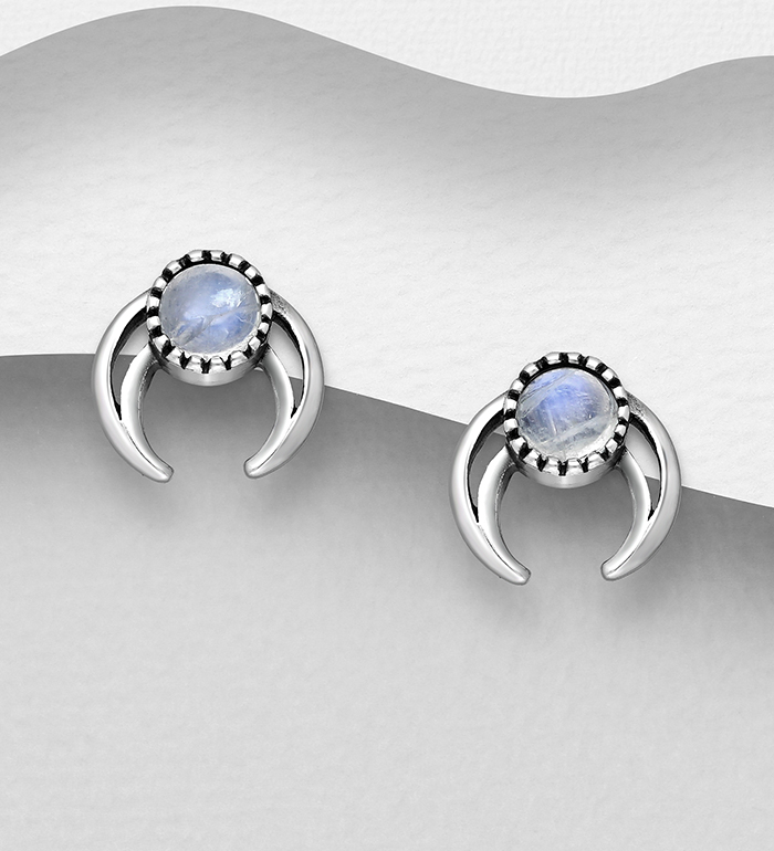 781-6825 - Wholesale 925 Sterling Silver Oxidized Horn Push-Back Earrings, Decorated with Various Gemstones