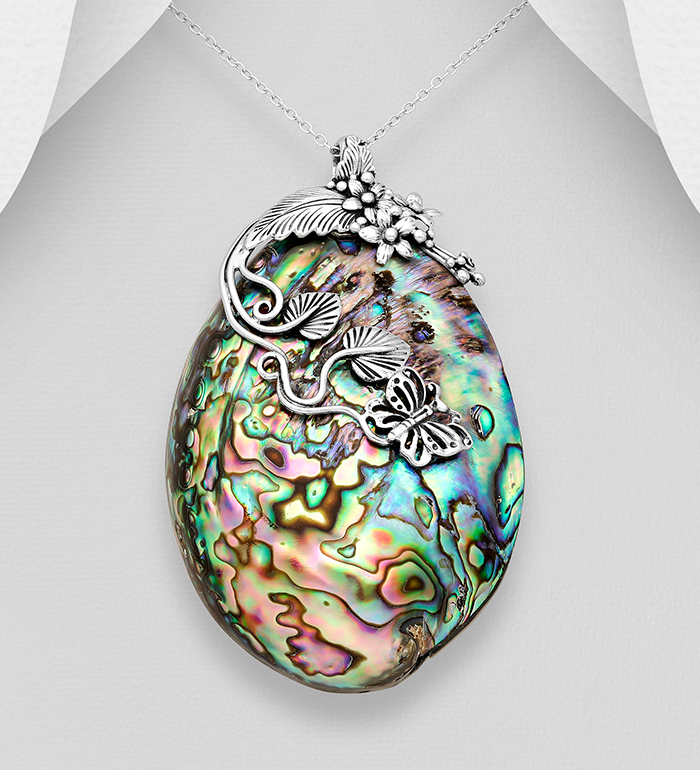 789-2798 - Wholesale 925 Sterling Silver Butterfly, Flower and Leaf Pendant Decorated with Shell