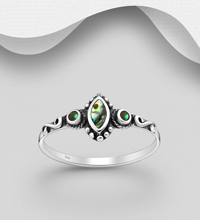 789-3427 - Wholesale 925 Sterling Silver Oxidized Swirl Ring Decorated with Shell