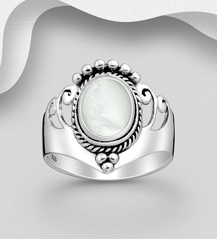 789-3444 - Wholesale 925 Sterling Silver Oxidized Ring Decorated With Shell