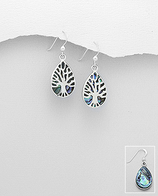 789-3775 - Wholesale 925 Sterling Silver Tree of Life Hook Earrings Decorated With Shell
