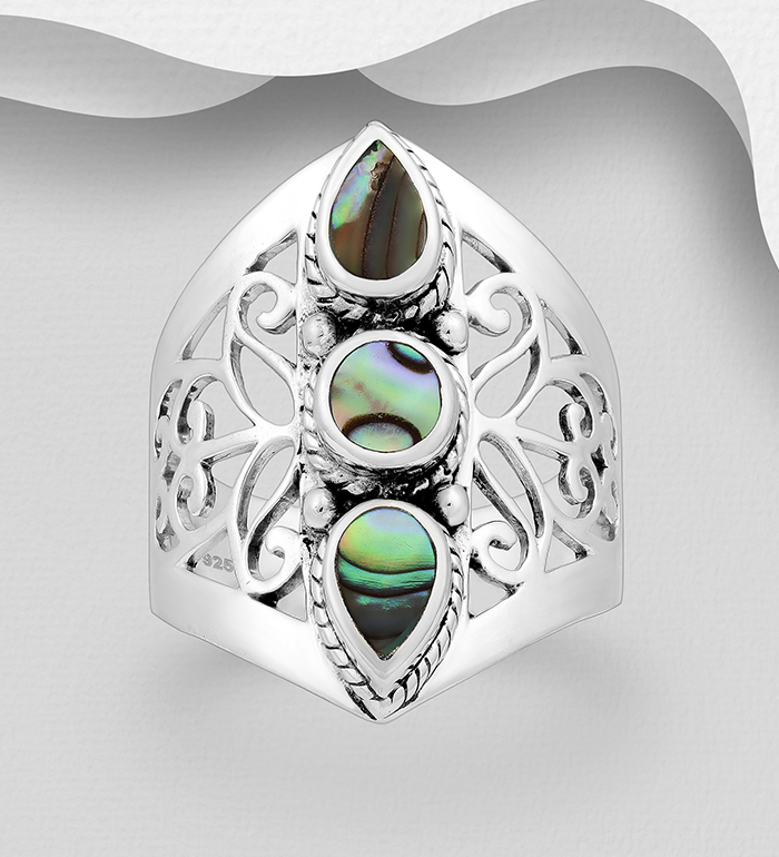 789-3804 - Wholesale 925 Sterling Silver Oxidized Swirl Ring Decorated with Shell