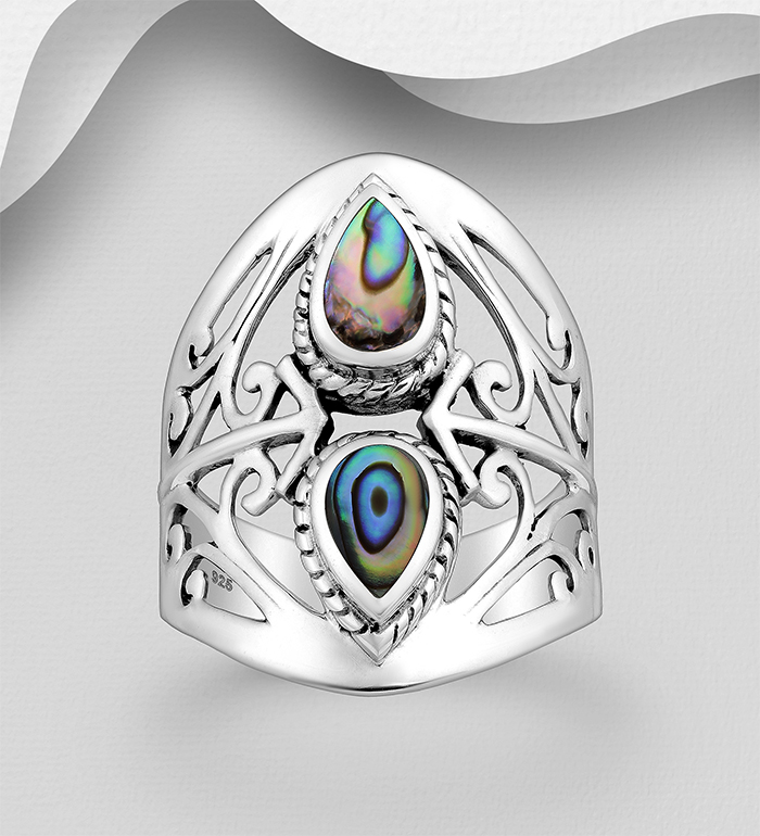 789-3806 - Wholesale 925 Sterling Silver Oxidized Ring Decorated With Shell