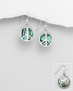 789-3874 - Wholesale 925 Sterling Silver Peace Symbol Hook Earrings Decorated With Shell