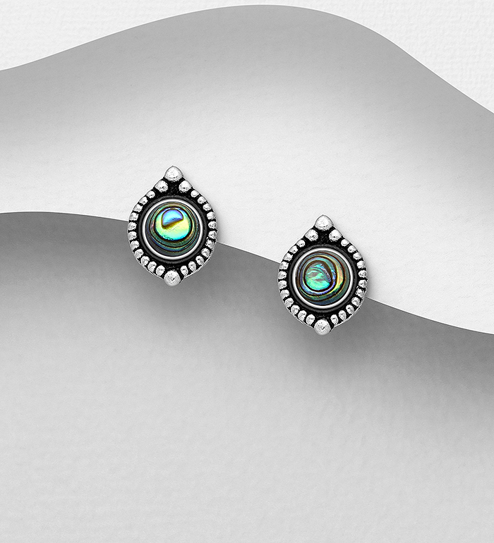 789-4001 - Wholesale 925 Sterling Silver Oxidized Push-Back Earrings, Decorated with Shell