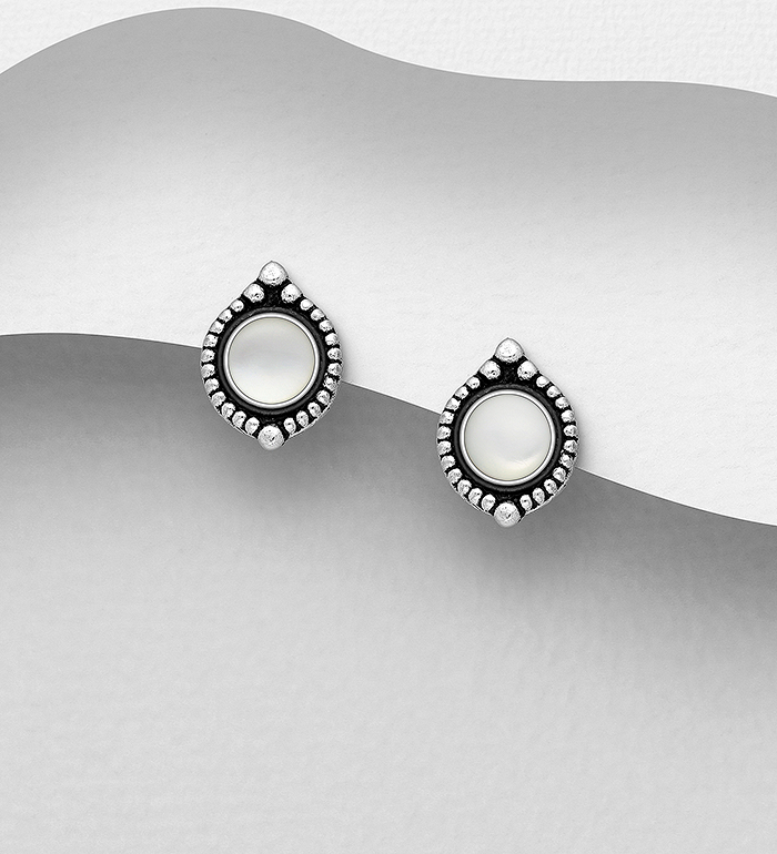 789-4001A - Wholesale 925 Sterling Silver Oxidized Push-Back Earrings, Decorated with Shell