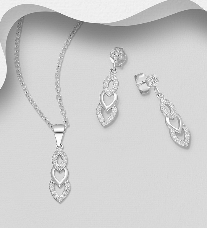 848-1493 - Wholesale 925 Sterling Silver Set of Push-Back Earrings and Pendant Decorated with CZ Simulated Diamonds