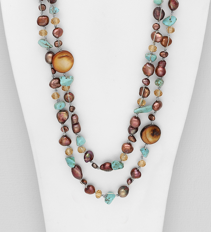 890-1495 - Wholesale Japanese silk cord Necklace Beaded with Dyed Burgundy FreshWater Pearl, Dyed Orange Mother of Pearl , Reconstructed Light Green Turquoise and Crystal Glass