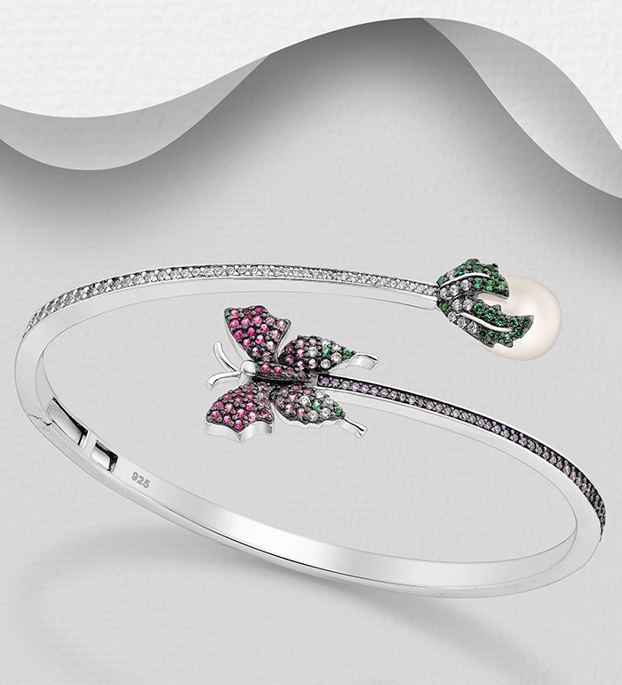 964-1010 - Wholesale 925 Sterling Silver Butterfly Cuff Bracelet, Decorated with Reconstructed Shell and CZ Simulated Diamonds. CZ Simulated Diamonds Colors may Vary.