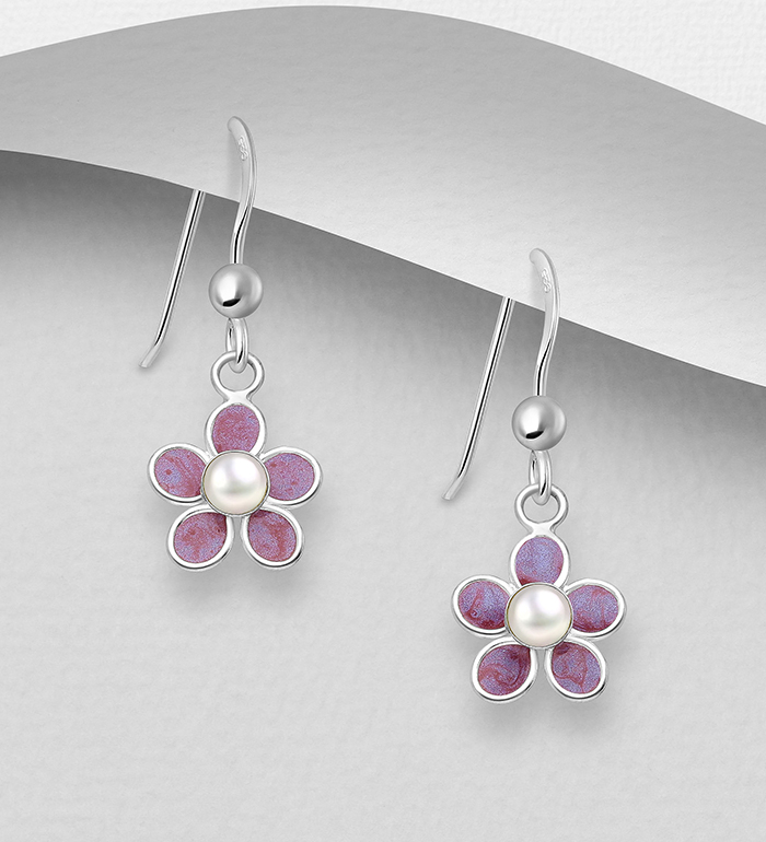 964-684 - Wholesale 925 Sterling Silver Flower Push-Back Earrings, Decorated with Simulated Pearl and Colored Enamel