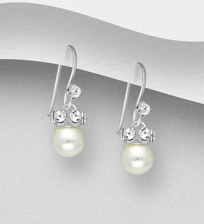 964-811 - Wholesale 925 Sterling Silver Hook Earrings, Decorated with Simulated Pearls and Crystal Glass