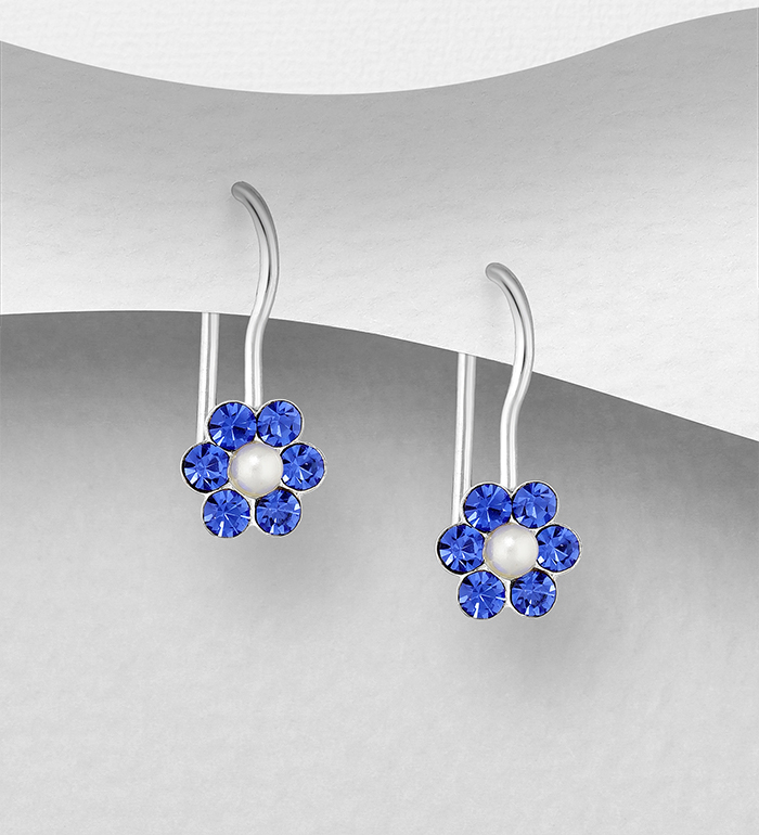 964-857 - Wholesale 925 Sterling Silver Flower Kidney Earrings, Decorated with Simulated Pearl and Crystal Glass