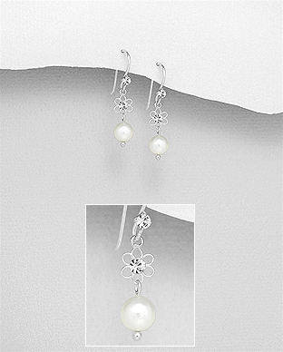 964-974 - Wholesale 925 Sterling Silver Flower Hook Earrings Decorated With Crystal Glass And Beaded With Simulated Pearl