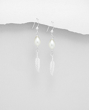 964-989 - Wholesale 925 Sterling Silver Hook Earrings Featuring Feather Beaded With Simulated Pearls