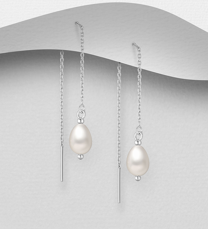 964-998 - Wholesale 925 Sterling Silver Threader Earrings Beaded With Simulated Pearls