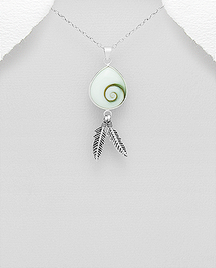 966-564 - Wholesale 925 Sterling Silver Feather Pendant Decorated With Shiva Shell