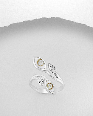 966-589 - Wholesale 925 Sterling Silver Adjustable Ring Featuring Leaf Decorated With Shiva Shell