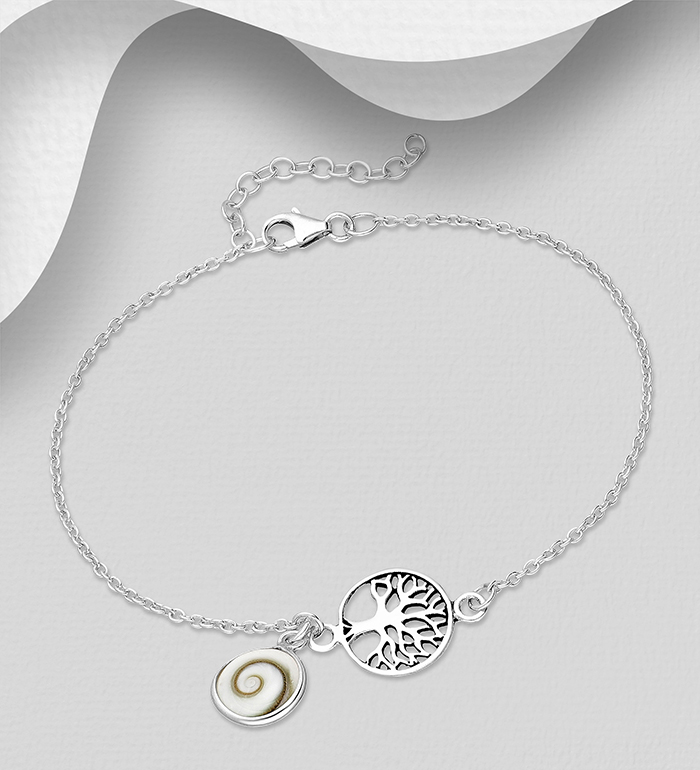966-604 - Wholesale 925 Sterling Silver Bracelet Featuring Tree of Life Decorated with Shiva Shell