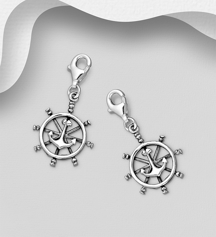 983-1005 - Wholesale 925 Sterling Silver Oxidized Anchor And Ship Wheel Charm