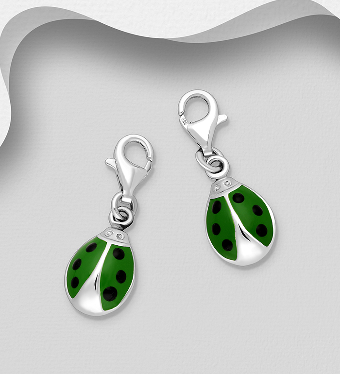 983-352 - Wholesale 925 Sterling Silver Ladybug Charm, Decorated with Colored Enamel