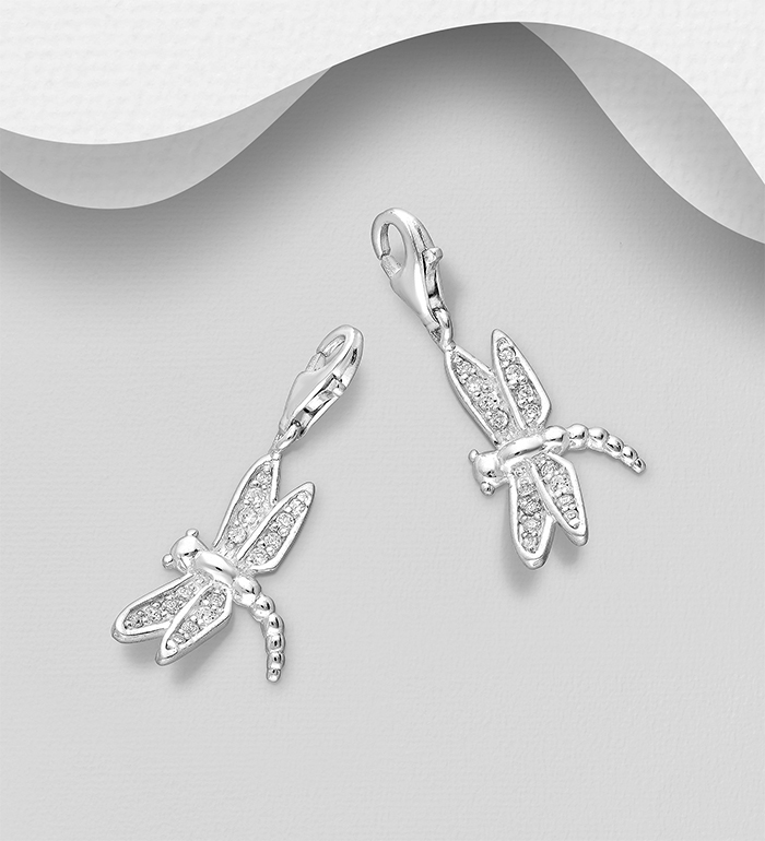 983-671 - Wholesale 925 Sterling Silver Dragonfly Clip on Charm, Decorated with CZ Simulated Diamonds