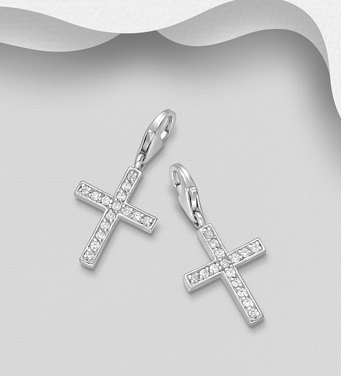 983-727 - Wholesale 925 Sterling Silver Cross Clip on Charm, Decorated with CZ Simulated Diamonds