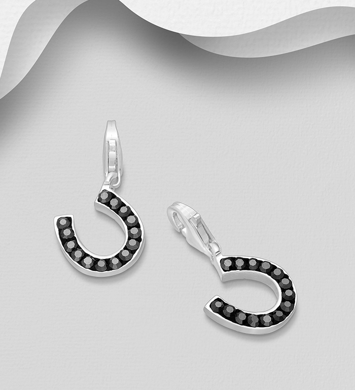 983-961 - Wholesale 925 Sterling Silver Horseshoe Charm, Decorated with Crystal Glass